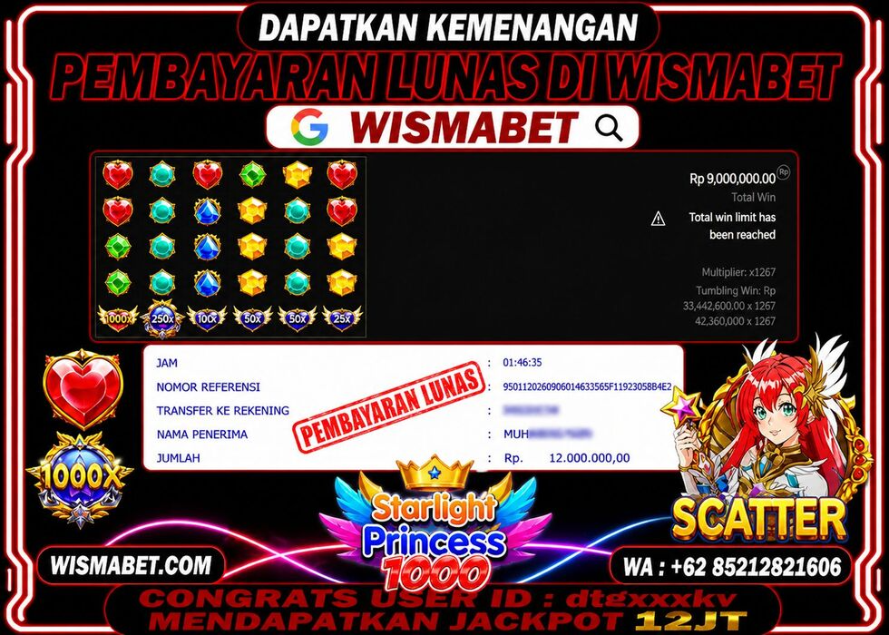 Wismabet - BUKTI KEMENANGAN Starlight Princess 1000x Rp12,000,000,- LUNAS